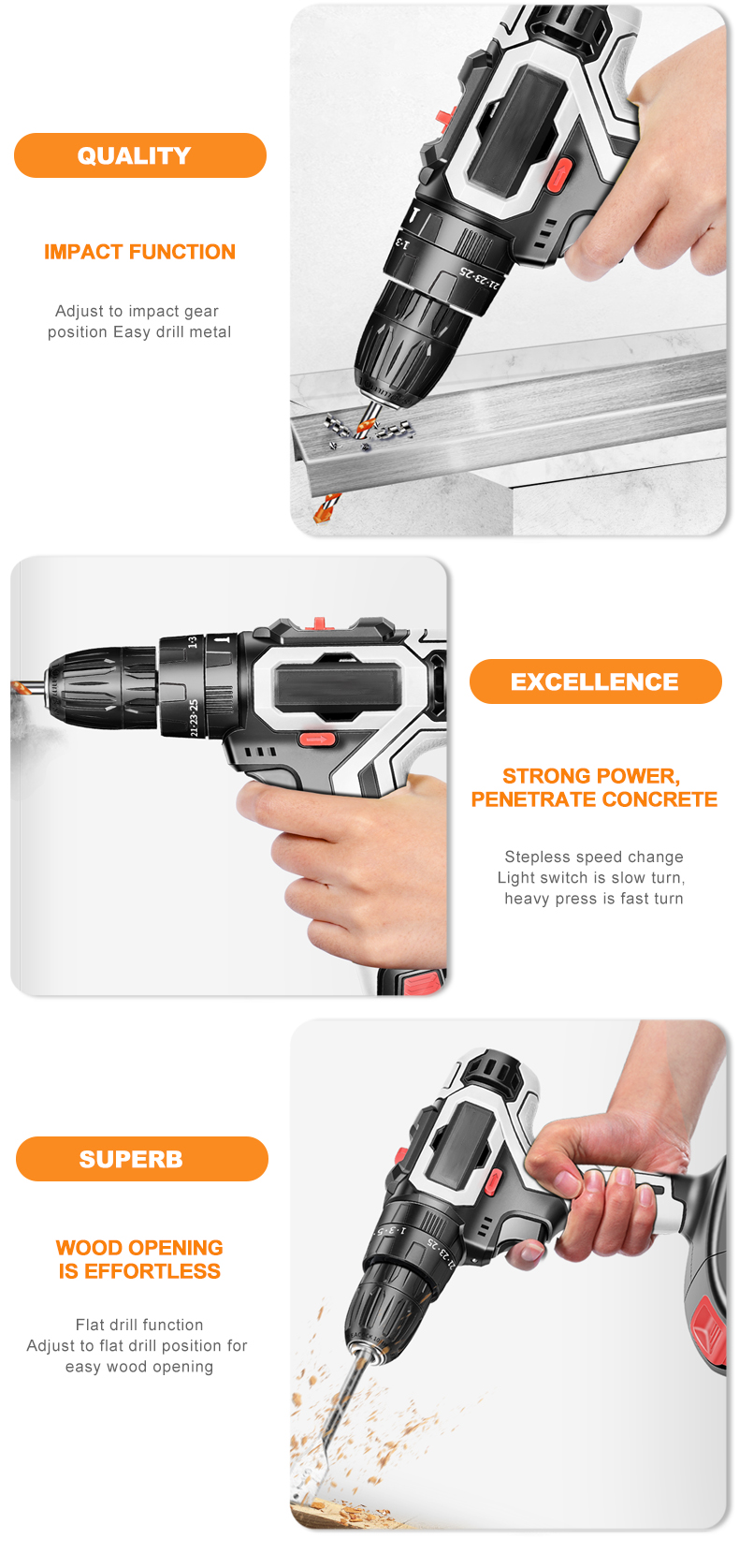 21V Factory Supply Cordless Power Tool Combo Hammer Screwdriver Drill Machine Power Drill kit