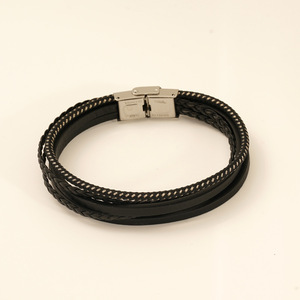 Leather Cord Braided Bracelet Men's Stainless Steel Multi Layer Black Coffee Everyday Wear Jewelry - Product Image 4