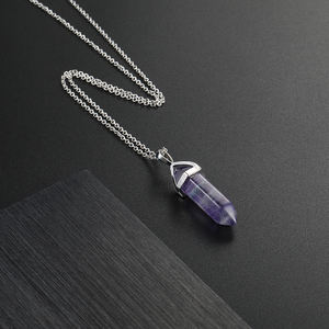 Kalung Perhiasan Liontin Batu Kristal Kuarsa Alami Penyembuh Bentuk Heksagonal dengan Liontin Amethyst Baja Anti Karat 316 Ujung Ganda - Product Image 4
