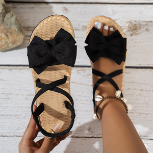 <span class=keywords><strong>Sandali</strong></span> <span class=keywords><strong>Espadrillas</strong></span> da Donna con Fiocco Glitterato Stile Boho <span class=keywords><strong>Neri</strong></span> con Punta Aperta e Tacco Piatto per l'Estate - Product Image 1