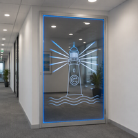 Porte coulissante en verre à double battant éclairée par LED, porte d'entrée automatique à double ouverture avec bande LED