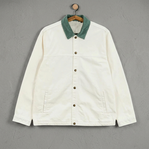 Men's White <b>Canvas</b> Shirt Jacket with Green Collar Button Closure Casual Winter Wear Hooded Logo Front - Product Image 4