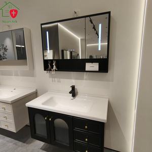 Puertas dobles de vidrio arqueado de estilo retro chino negro, encimera blanca, lavabo de cerámica, almacenamiento multi-espacio - Product Image 1
