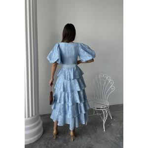 ชุดราตรีสีฟ้าอ่อนสำหรับขายส่ง แขนทรงบอลลูนแบบหลายชั้น พร้อมเข็มขัด - Product Image 1