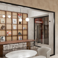 Comptoir de bar ondulé en bois brun chaud, vitrine transparente, éclairage LED, style moderne minimaliste, boutique de luxe, café