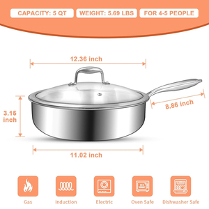 Sartén de Acero Inoxidable Triple de Alta Calidad sin Recubrimiento, con Asas de Acero Inoxidable, 4QT - Product Image 3