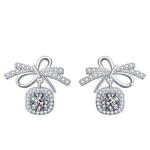 Fashion Rhodium Geometric White Copper <b>Silver</b> Bow Knot <b>Studs</b> Jewelry Square Bezel <b>Set</b> Cut Cubic Zirconia Drop <b>Earrings</b> Gift - Product Image 1