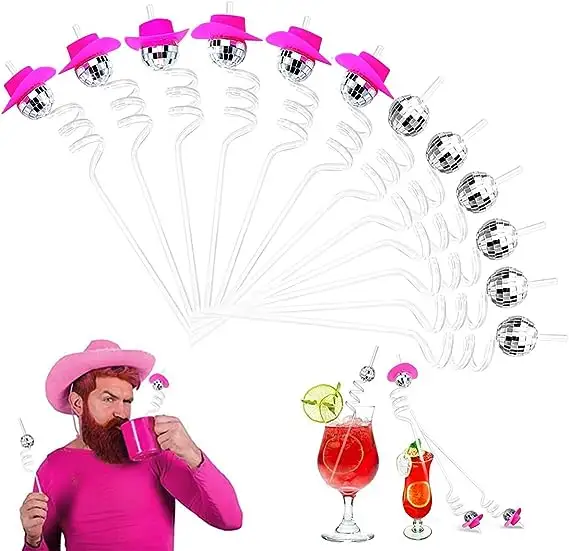 Sedotan bola cermin disko Mini dengan topi koboi merah muda topi bar dekorasi pesta perak 12 buah jerami disko koboi