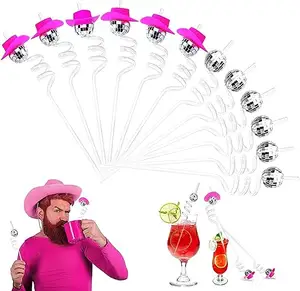 Mini pailles boule miroir Disco avec chapeau de cow-boy rose décorations de fête de bar argent 12 pièces paille disco cowboy