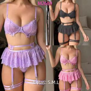 Set Lingerie in pizzo con spalline da donna di 4 pezzi XL taglia trasparente reggiseno puro lustro gonna perizoma regolabile per esportazione all'ingrosso - Product Image 1
