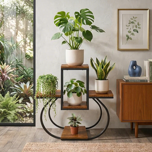 Support à plantes moderne en métal avec étagères en bois, design circulaire, pour décoration intérieure - Product Image 4