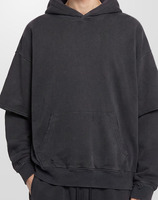 Sweat à capuche homme double couche épais avec logo personnalisé, noir délavé, coupe oversize et carrée, épaules tombantes, effet vintage usé