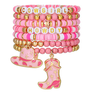 Pink Western Cowboy Style <b>Beaded</b> <b>Bracelet</b> With Letter Charms Stackable Design For Women Jewelry Gift - Product Image 5