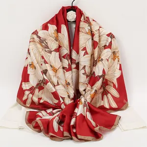 Шелковые шали, Лидер продаж, традиционный полосатый цветочный шарф, весенние Длинные атласные шарфы с принтом на заказ