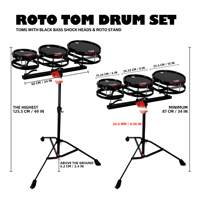 Beatello Professional Black Metal Roto Tom Drum Set 6'8'10' Inch Toms Bass Shock Heads Pliable Roto Stand Sliding Rail