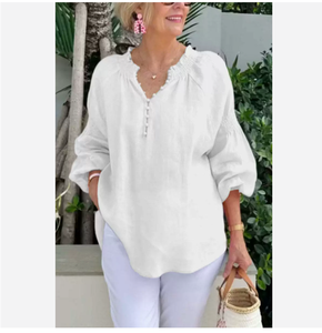 Nouveau style printemps/été, haut décontracté pour femmes, col en V, couleur unie, coton et lin, manches longues, pour femme - Product Image 3