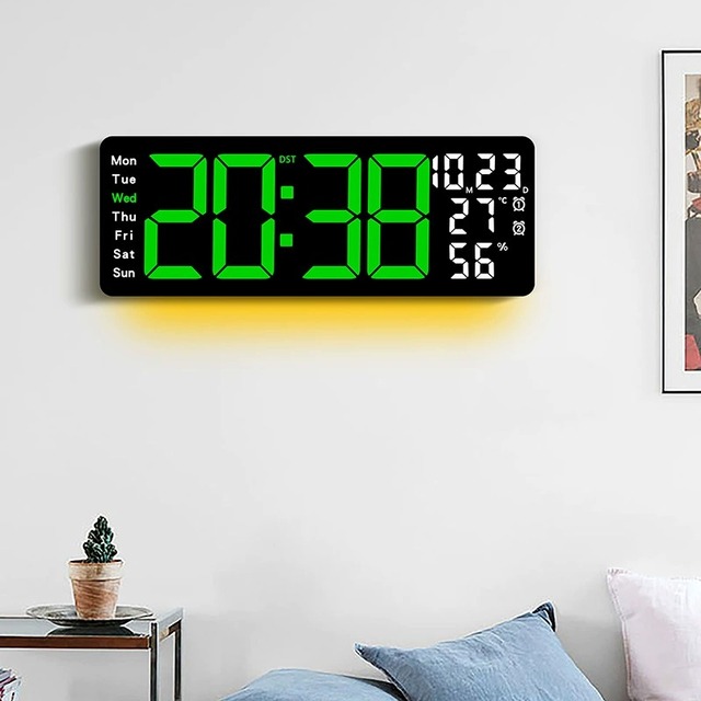 Huayang 6669 17.3 Inch Large LED Wall Clock Temperature Humidity Monitor with Ambient Light Multi Function Digital Clock