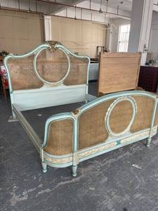 Vintage French Provincial Solid Wood <strong>Cane</strong> Rattan <strong>Bed</strong> Hand Carved Gilded Bedroom <strong>Bed</strong> Frame King Queen Size - Product Image 2