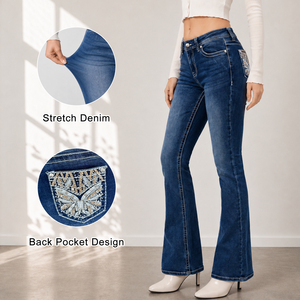 Jeans a Zampa d'Elefante da Donna con Ricamo sulla Tasca Posteriore, Elasticizzati, per Uso Quotidiano, Prezzo Scontato all'Ingrosso - Product Image 1