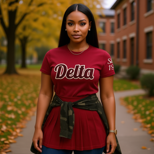 Camiseta Bordada en Chenilla Color Granate para Mujer, Marca Delta, con Logotipo Personalizado, Informal, de Algodón, Manga Corta, para Verano e Invierno, Estilo Griego - Product Image 2