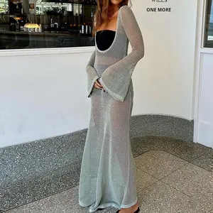 Set da Spiaggia Europeo-Americano per Vacanze, Casual e Sexy, Lungo Monocolore Trasparente con Maniche Lunghe, Completo Intero o Due Pezzi - Product Image 3