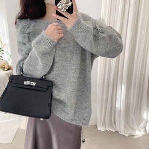 Pull en tricot pour femme, orné de fleurs, col bateau, coupe oversize, décontracté, tendance - Product Image 3