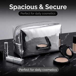 Silver Metallic PU Leather Cosmetic Bag Large Capacity Women <b>Makeup</b> Bags Waterproof Travel Toiletry Bag with Embossed Logo - Product Image 4