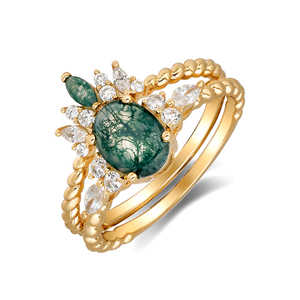 925 Sterling Zilver 14K Goud Verguld Edelsteen Twist CZ Zirkoon Aqua Agaat Tweedelige Edelsteen Ringset - Product Image 1