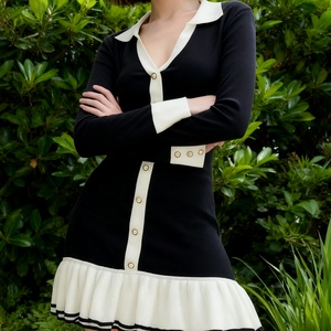 ชุดเดรสแขนยาวผ้าถักระบายสองชั้นคอปกกระดุมมุกสำหรับผู้หญิงแฟชั่น - Product Image 2