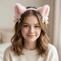 Serre-tête coréen pour femme, fait main, de haute qualité, avec oreilles de chat mignonnes roses, nœud et clochette, en peluche, couleur personnalisable