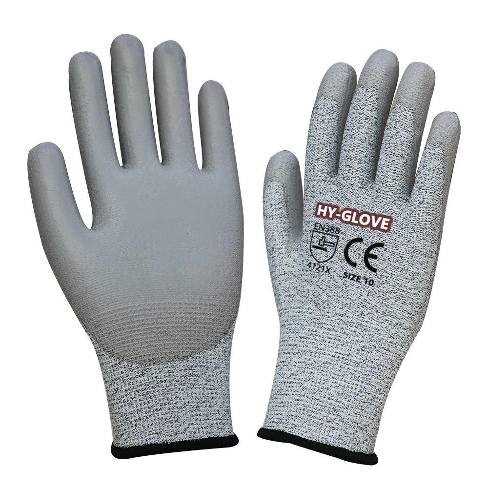 CE EN388 4X43D Industrial Work Safety Anti Cut Gloves Gray PU Polyurethane Coated HPPE Glass Fiber guantes anticortes