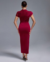 Robe de soirée mi-longue moulante Ocstrade Fashion pour femme, bordeaux, avec empiècements en dentelle, col montant, manches courtes, style bandage, élégante et décontractée