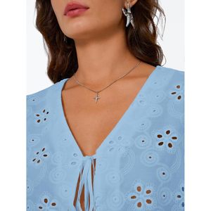 Chemisier d'été pour femme à manches courtes en mousseline de soie, avec nœud sur le devant, broderie ajourée, style bohème, idéal pour les vacances à la plage - Product Image 5