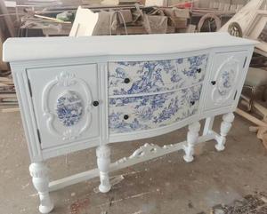 Buffet <span class=keywords><strong>en</strong></span> <span class=keywords><strong>bois</strong></span> massif peint à la main bleu et blanc style campagne française, <span class=keywords><strong>console</strong></span> sculptée rétro, meuble de rangement pour salon - Product Image 4