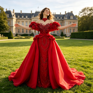 Wine <strong>Red</strong> <strong>Sequined</strong> A-Line Floral Shoulder Two-Piece Evening Dresses Crystals Formal Long Prom 2026 Customized Night Party Robe - Product Image 5