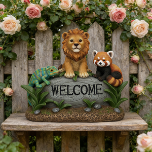 Statua da Giardino con Cartello di Benvenuto per Animali |   Statuetta in Resina di <span class=keywords><strong>Leone</strong></span>, Panda Rosso e Camaleonte per Decorazioni da Esterno |   Ornamento da Giardino Impermeabile - Product Image 6