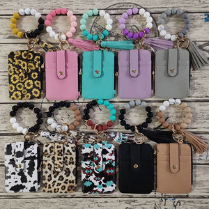 Fashion <strong>Silicone</strong> <strong>Bead</strong> Bracelet Keychain Wallet Folded Vertical Zipper Card Bag Leopard PU Leather Wallet Keychain Gift for Women - Product Image 1