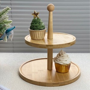 Expositor de pasteles de madera de bambú, soporte redondo de dos niveles para postres, fiesta, hora del té, estilo escandinavo, ligero - Product Image 1