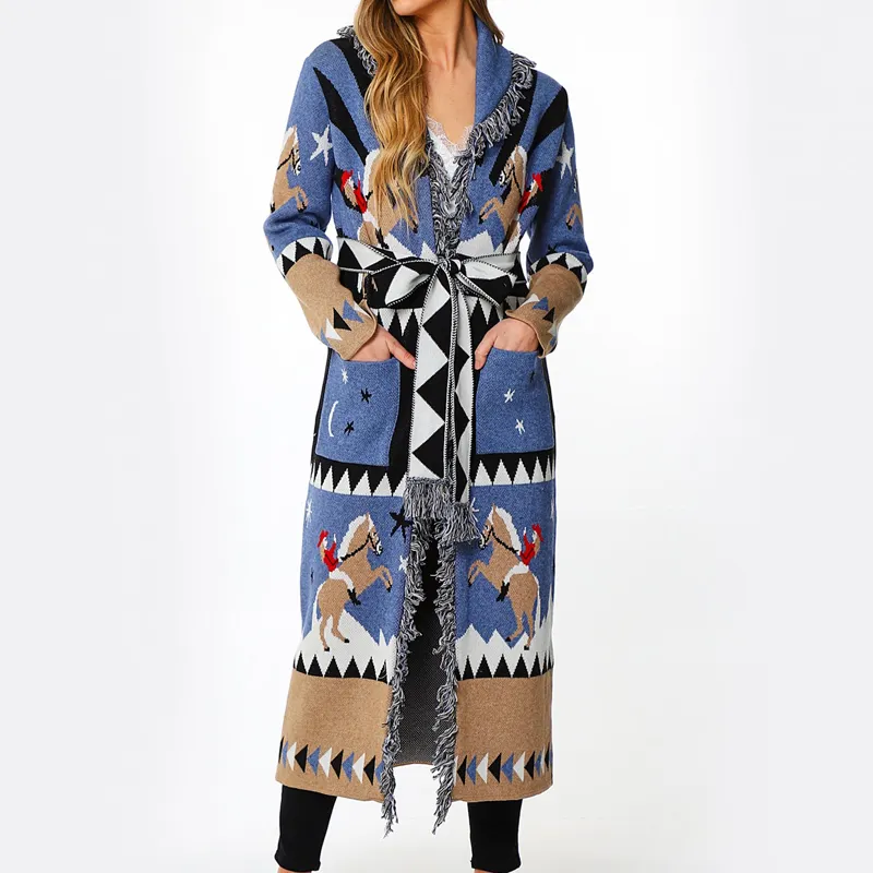 Winter Fringed Belt Designer Women Long Jacquard Oversized Ladies Knit Custom Cardigan Knitted Plus Size Women'S Sweaters