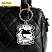 Porte-clés Chat Noir Espresso, Less Depresso, Chat dans Tasse de Café avec Citation Humoristique, Breloque en Acrylique, Accessoire Caffeine Réconfortant