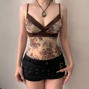 Top de malla con estampado Paisley vintage para mujer, cuello en V, tirantes finos, ajuste ceñido, estilo Y2K, sexy, sin espalda, casual, blusa sin mangas marrón - Product Image 4