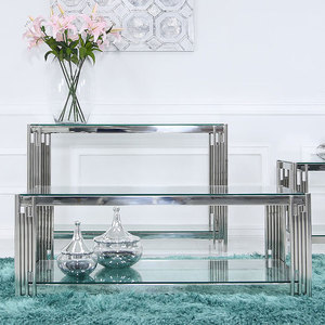 <span class=keywords><strong>Table</strong></span> <span class=keywords><strong>basse</strong></span> moderne en acier inoxydable chromé argenté avec plateau en <span class=keywords><strong>verre</strong></span>, <span class=keywords><strong>table</strong></span> centrale, <span class=keywords><strong>table</strong></span> à thé pour le salon - Product Image 2