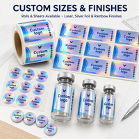 Étiquettes adhésives holographiques arc-en-ciel avec logo personnalisé, autocollants en rouleau imperméables pour flacons en verre d'huiles essentielles de 2 ml, 5 ml, 10 ml