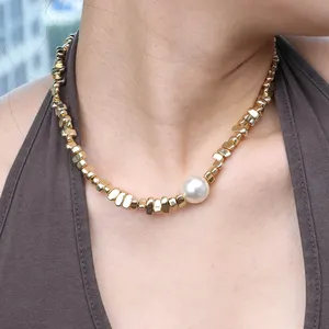 Chris April chunky jewelry 316L stainless steel PVD gold plated ore crushed stone shell pearl chain necklace