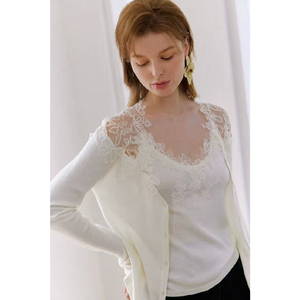 Nueva primavera verano <span class=keywords><strong>Mujer</strong></span> Casual cuello en V encaje botón suéter peso ligero cárdigan de punto para damas - Product Image 5