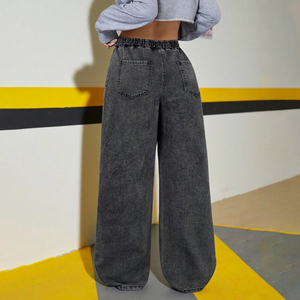 <span class=keywords><strong>Jean</strong></span> baggy gris délavé à jambe <span class=keywords><strong>large</strong></span> pour adolescentes, pantalon décontracté en denim avec taille à cordon, style streetwear - Product Image 2
