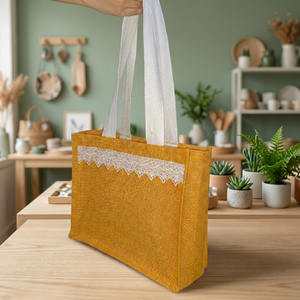 Sac de courses en jute 14x16x5 pouces, grande capacité 1,9 L, fourre-tout durable en fibre naturelle avec fermeture à lacets et deux anses - Product Image 4