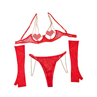Nouvel ensemble de lingerie sexy 3 pièces pour femme, avec jarretières en maille transparente et chaîne d'amour, style exotique et poitrine exposée