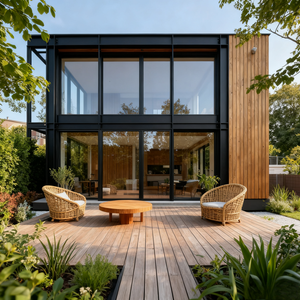 Casa Prefabbricata Moderna con Telaio Nero, Dettagli in Legno e Grandi Finestre in Vetro - Product Image 5