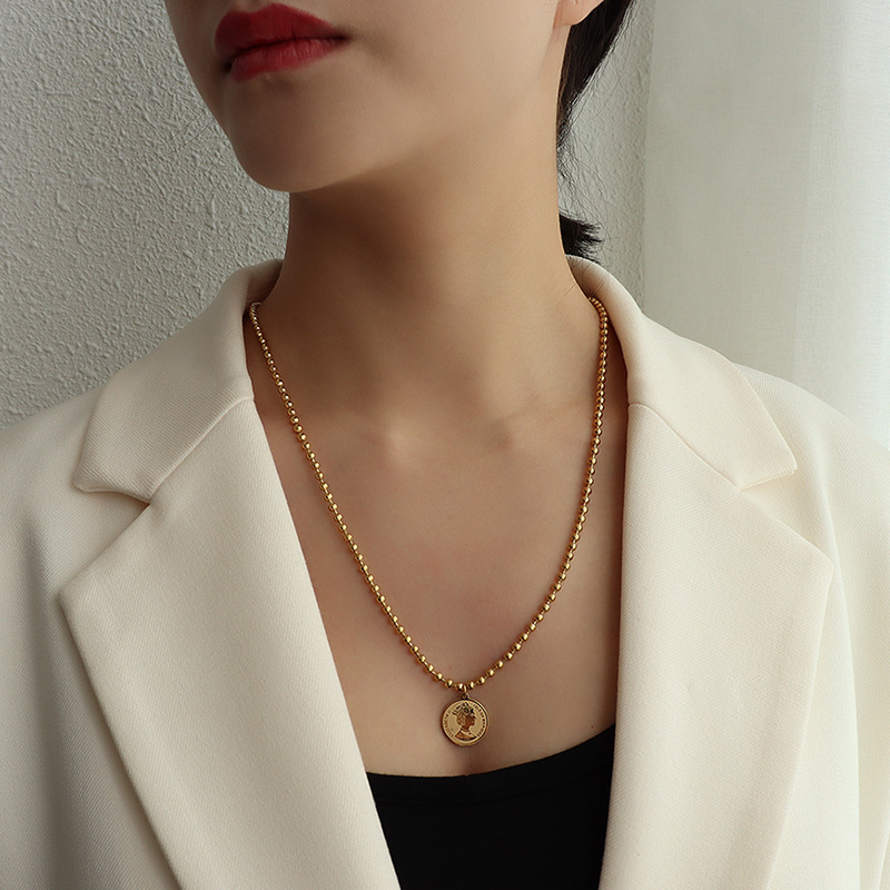 P1028- Gold Round Bead Queen Single layer Necklace 55+5cm
